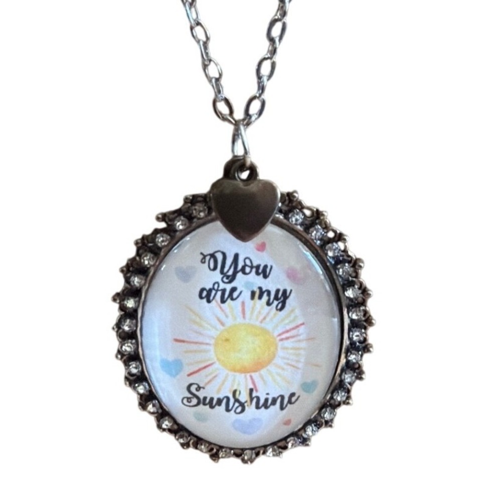 You Are My Sunshine Sun Heart Rhinestone Silver Tone Pendant Necklace Gift